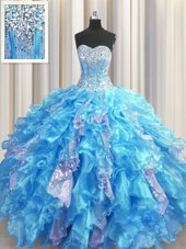 Visible Boning Sleeveless Organza and Sequined Floor Length Lace Up Quinceanera Dresses in Baby Blue for with Beading and Ruffles and Sequins