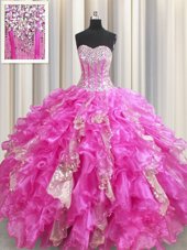 Fabulous Visible Boning Fuchsia Sleeveless Floor Length Beading and Ruffles and Sequins Lace Up Quinceanera Gown
