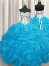 Discount Aqua Blue Sweetheart Neckline Beading and Ruffles Quinceanera Dress Long Sleeves Lace Up