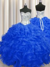 Noble Floor Length Lace Up 15th Birthday Dress Royal Blue and In for Military Ball and Sweet 16 and Quinceanera with Beading and Ruffles