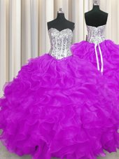 Purple Sleeveless Floor Length Beading and Ruffles Lace Up Sweet 16 Dresses