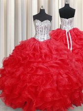 Fabulous Red Organza Lace Up Sweetheart Sleeveless Floor Length 15 Quinceanera Dress Beading and Ruffles