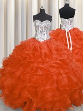 Vintage Orange Red Ball Gowns Sweetheart Sleeveless Organza Floor Length Lace Up Beading and Ruffles Quinceanera Dress