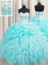 Extravagant Pick Ups Visible Boning Floor Length Aqua Blue Quinceanera Gowns Sweetheart Sleeveless Lace Up