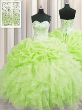 Custom Designed Visible Boning Yellow Green Sweetheart Lace Up Beading and Ruffles and Pick Ups Sweet 16 Dresses Sleeveless