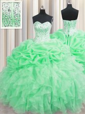 Chic Visible Boning Apple Green Organza Lace Up Sweetheart Sleeveless Floor Length Sweet 16 Quinceanera Dress Beading and Ruffles and Pick Ups