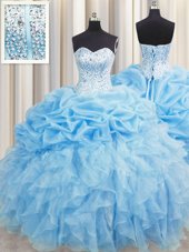 Clearance Pick Ups Visible Boning Baby Blue Sleeveless Organza Lace Up Quinceanera Gowns for Military Ball and Sweet 16 and Quinceanera