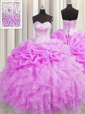 Best Selling Visible Boning Sleeveless Floor Length Beading and Ruffles and Pick Ups Lace Up Vestidos de Quinceanera with Lilac