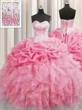 Lovely Visible Boning Sleeveless Floor Length Beading and Ruffles Lace Up Quinceanera Gowns with Rose Pink