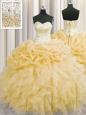 Enchanting Visible Boning Sleeveless Organza Floor Length Lace Up Sweet 16 Dresses in Gold for with Beading and Ruffles