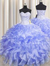 Romantic Visible Boning Zipper Up Lavender Organza Zipper 15th Birthday Dress Sleeveless Floor Length Beading and Ruffles