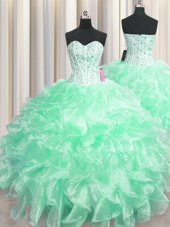 Enchanting Visible Boning Apple Green Ball Gowns Beading and Ruffles Vestidos de Quinceanera Zipper Organza Sleeveless Floor Length