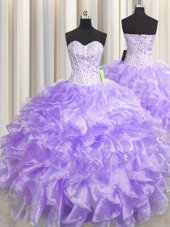 Visible Boning Zipper Up Sweetheart Sleeveless Zipper 15th Birthday Dress Lavender Organza