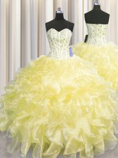 On Sale Visible Boning Zipper Up Sweetheart Sleeveless Zipper Quinceanera Gowns Light Yellow Organza