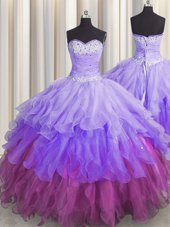 Custom Fit Multi-color Sleeveless Floor Length Beading and Ruffles and Ruffled Layers and Sequins Lace Up Vestidos de Quinceanera