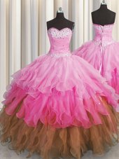 Amazing Multi-color Ball Gowns Sweetheart Sleeveless Organza Floor Length Lace Up Beading and Ruffles and Ruffled Layers and Sequins Quinceanera Gowns