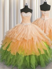 Multi-color Ball Gowns Beading and Ruffles and Ruffled Layers and Sequins Sweet 16 Dress Lace Up Organza Sleeveless Floor Length
