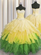 Glorious Floor Length Multi-color Sweet 16 Quinceanera Dress Organza Sleeveless Beading and Ruffles and Ruffled Layers and Sequins
