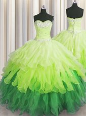 Custom Fit Multi-color Organza Lace Up Sweetheart Sleeveless Floor Length Quinceanera Dress Beading and Ruffles and Ruffled Layers and Sequins