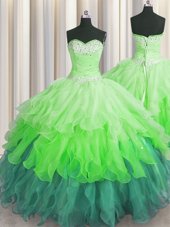 Most Popular Multi-color Sleeveless Floor Length Beading and Ruffles and Ruffled Layers and Sequins Lace Up Sweet 16 Dress