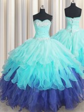 Latest Sleeveless Floor Length Beading and Ruffles and Ruffled Layers and Sequins Lace Up Vestidos de Quinceanera with Multi-color