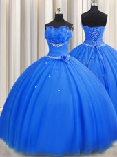 Trendy Handcrafted Flower Sleeveless Tulle Floor Length Lace Up Sweet 16 Dress in Blue for with Beading and Sequins and Hand Made Flower