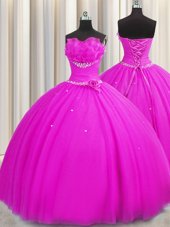 Sumptuous Handcrafted Flower Beading and Sequins and Hand Made Flower Sweet 16 Quinceanera Dress Fuchsia Lace Up Sleeveless Floor Length