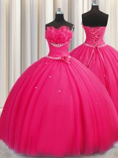 Exceptional Handcrafted Flower Beading and Sequins and Hand Made Flower Quince Ball Gowns Hot Pink Lace Up Sleeveless Floor Length