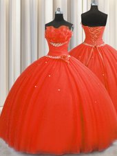 Smart Handcrafted Flower Coral Red Tulle Lace Up Quince Ball Gowns Sleeveless Floor Length Beading and Sequins and Hand Made Flower