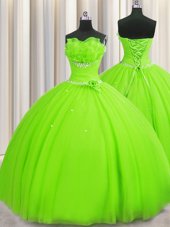 Hot Sale Handcrafted Flower Lace Up Strapless Beading and Sequins and Hand Made Flower Sweet 16 Quinceanera Dress Tulle Sleeveless