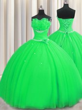 Best Handcrafted Flower Green Sleeveless Beading and Sequins and Hand Made Flower Floor Length Quinceanera Dress