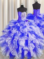 Flirting Blue And White Lace Up Quinceanera Gowns Beading and Ruffles and Ruching Sleeveless Floor Length