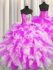 Delicate Floor Length Lace Up Ball Gown Prom Dress Multi-color and In for Military Ball and Sweet 16 and Quinceanera with Beading and Ruffles and Ruching
