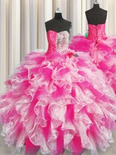Decent Multi-color Organza Lace Up Sweetheart Sleeveless Floor Length Quinceanera Dress Beading and Ruffles and Ruching