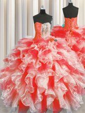 High Quality Red Lace Up Sweetheart Beading and Ruffles Quince Ball Gowns Organza Sleeveless