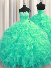 Custom Fit Sleeveless Organza Brush Train Lace Up Quince Ball Gowns in Turquoise for with Beading and Ruffles