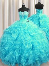 Simple Aqua Blue Sleeveless Organza Brush Train Lace Up Sweet 16 Dress for Military Ball and Sweet 16 and Quinceanera