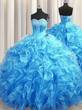 Sumptuous Sweetheart Sleeveless Sweep Train Lace Up Sweet 16 Dresses Baby Blue Organza