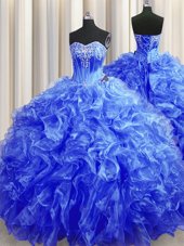 Customized Royal Blue 15th Birthday Dress Military Ball and Sweet 16 and Quinceanera and For with Beading and Ruffles Sweetheart Sleeveless Sweep Train Lace Up