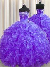 Nice Brush Train Ball Gowns Sweet 16 Dresses Lavender Sweetheart Organza Sleeveless Lace Up