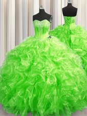 Colorful Sleeveless Sweep Train Lace Up Beading and Ruffles Quinceanera Dresses