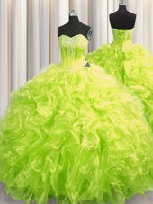 Affordable Yellow Green Long Sleeves Brush Train Beading and Ruffles Sweet 16 Dresses