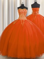 Glittering Really Puffy Tulle Sleeveless Floor Length Quinceanera Gowns and Beading