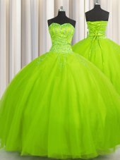 Best Big Puffy Yellow Green Sleeveless Floor Length Beading Lace Up 15th Birthday Dress