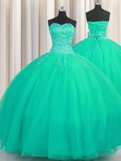 Exceptional Really Puffy Ball Gowns Quinceanera Gowns Turquoise Sweetheart Tulle Sleeveless Floor Length Lace Up