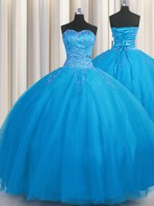 Flare Big Puffy Sleeveless Tulle Floor Length Lace Up Quinceanera Gowns in Blue for with Beading