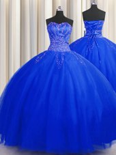 Inexpensive Puffy Skirt Sleeveless Floor Length Beading Lace Up 15th Birthday Dress with Royal Blue
