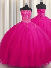 Best Big Puffy Sleeveless Floor Length Beading Lace Up Sweet 16 Quinceanera Dress with Fuchsia