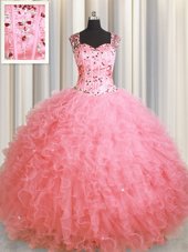 Admirable See Through Zipper Up Beading and Ruffles Quinceanera Gowns Pink Zipper Sleeveless Floor Length