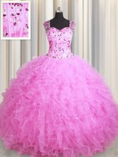 Attractive See Through Zipper Up Rose Pink Tulle Zipper Sweet 16 Quinceanera Dress Sleeveless Floor Length Beading and Ruffles